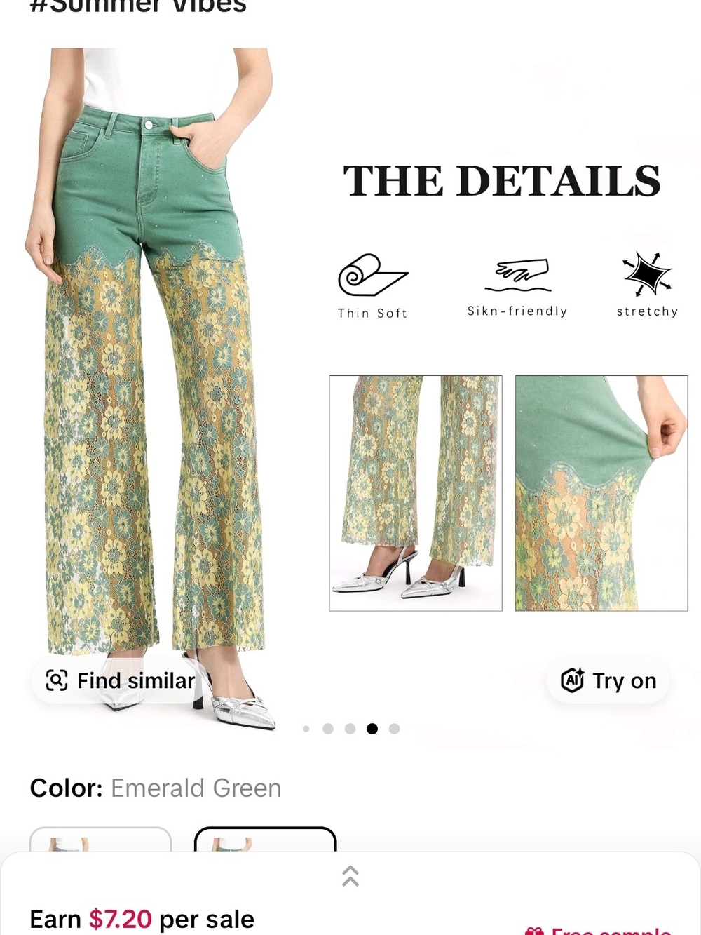 Green Lace-Overlay Wide Leg Jeans
